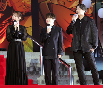 映画「劇場版「鬼滅の刃（やいば）」無限城編　第一章　猗窩座再来」萬来祈願イベントに登壇し、語った、左から花澤香菜、河西健吾、小西克幸（撮影・山本朝陽）