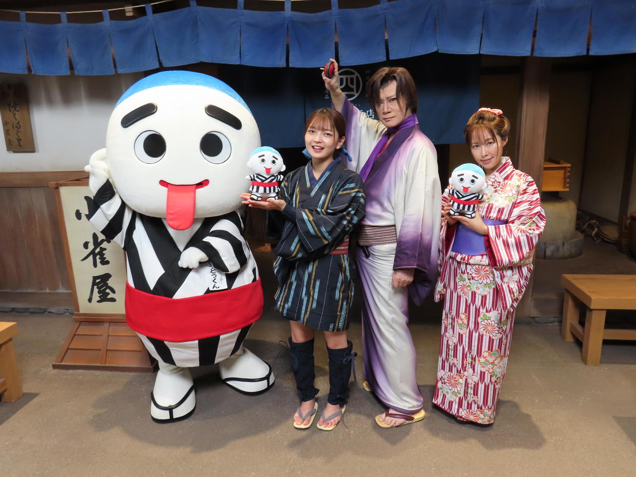 「必見！四日市3～帰ってきた翔～」の撮影を行った、左からこにゅうどうくん、福留光帆、京本政樹、風谷南友