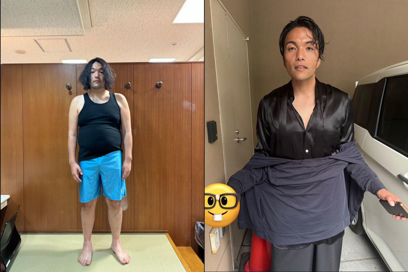 盛山晋太郎、20キロ減量の前と後（Xから）