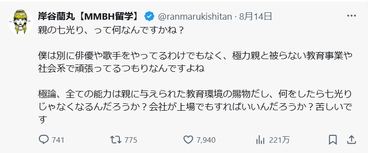岸谷蘭丸のXから