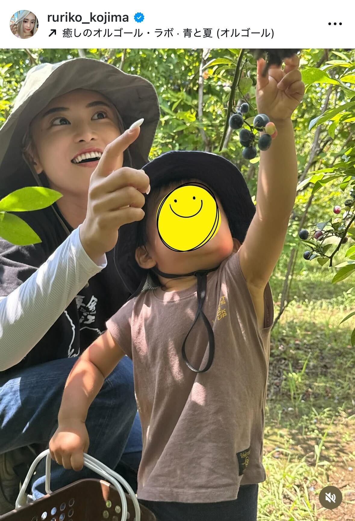 子どもとブルーベリー狩りを楽しむ小島瑠璃子（インスタグラムから）