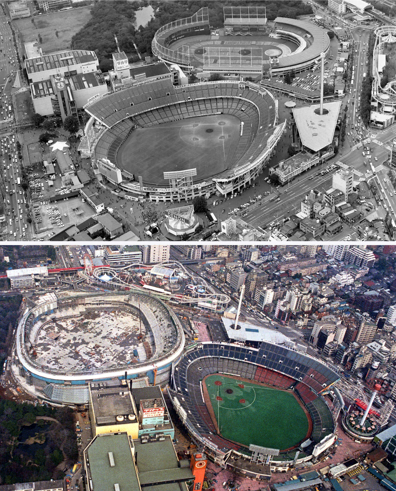 76年10月の後楽園球場（手前）と後楽園競輪場（写真上）と87年3月の後楽園球場（右）と建築中の東京ドーム（写真下）