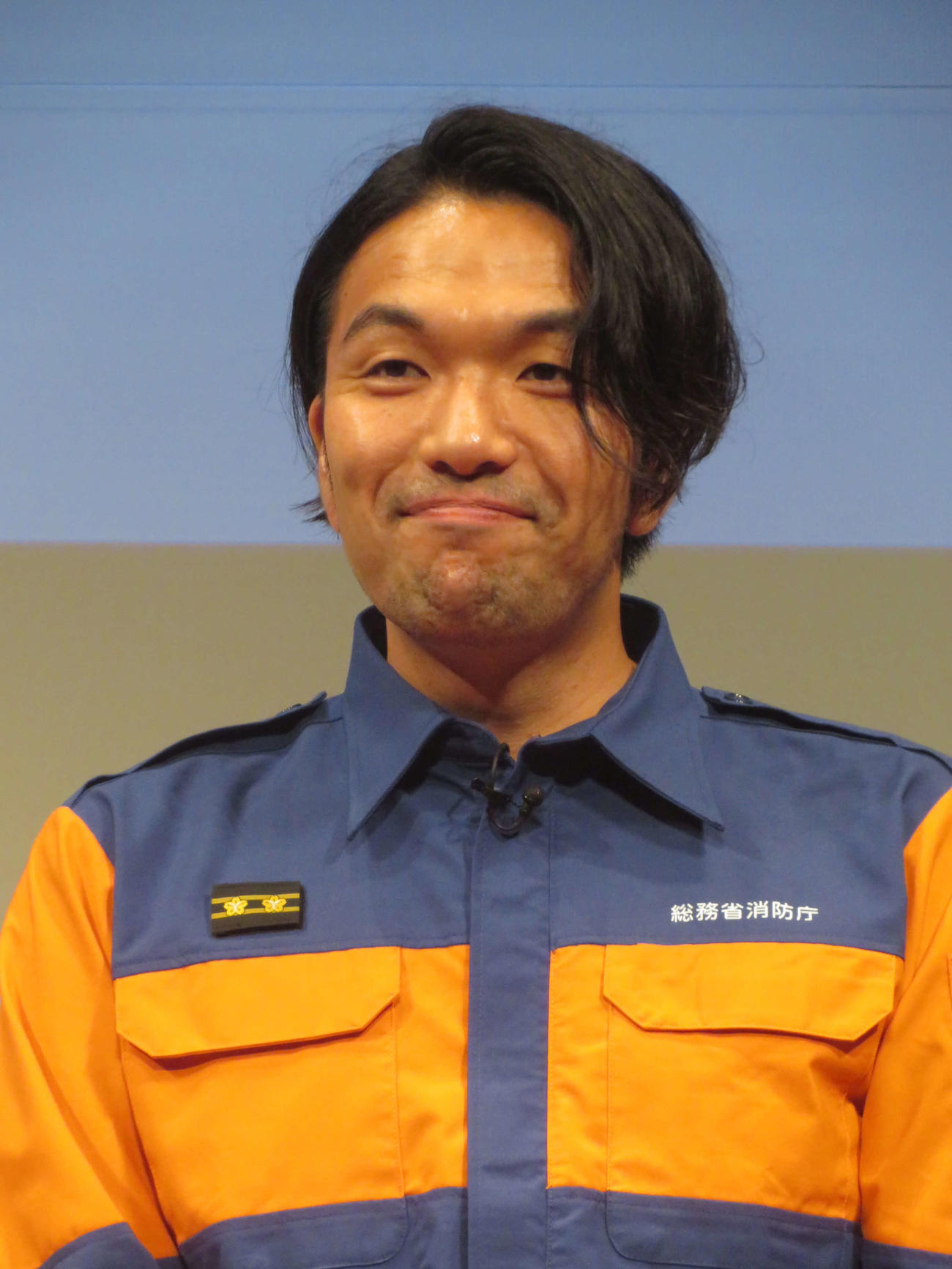 消防団入団促進広報イベントに出席した盛山晋太郎（撮影・川田和博）