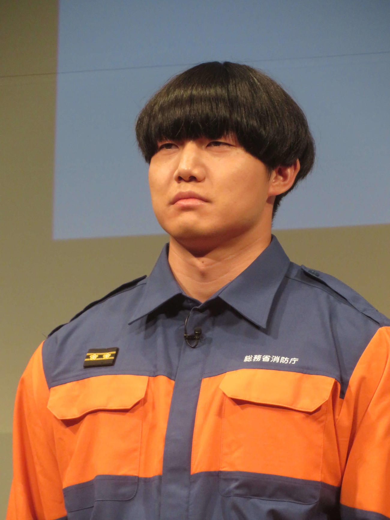 消防団入団促進広報イベントに出席した青木マッチョ（撮影・川田和博）