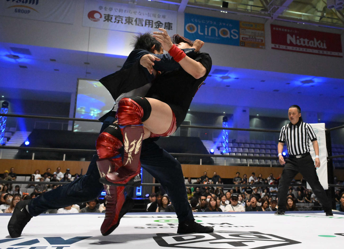 DDTプロレス「WRESTLE PETER PAN 2025」1日目のタッグマッチに出場し、ハルク・ホーガン氏から伝授された得意技アックスボンバーを決める川松真一朗氏（左）（（C）DDTプロレスリング）
