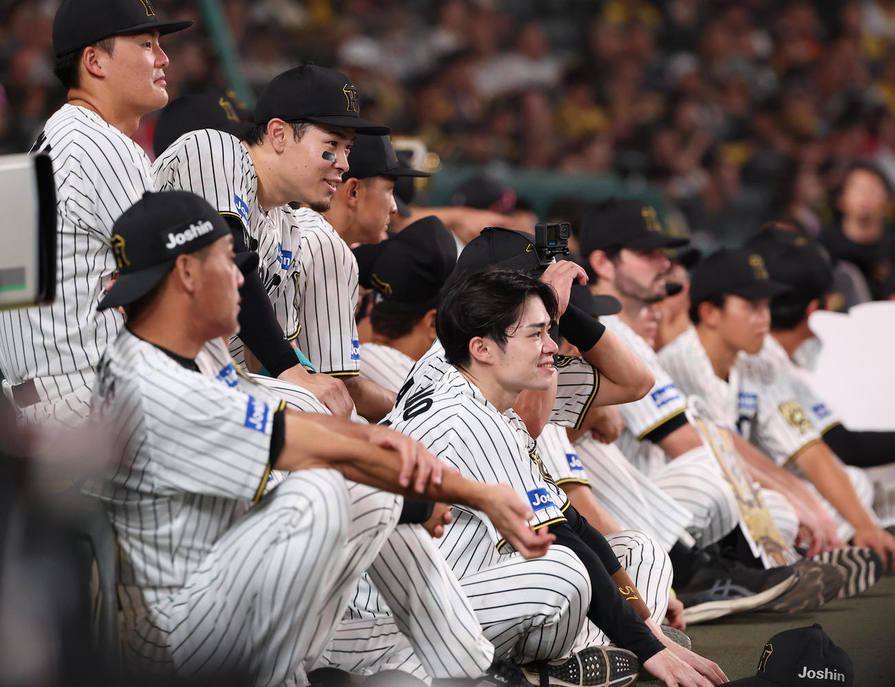 阪神対広島　優藤インタビューする藤川監督を笑顔で見守る佐藤輝（左から2人目）ら阪神ナイン（撮影・上田博志）