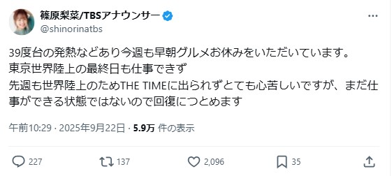 篠原梨菜アナのXから