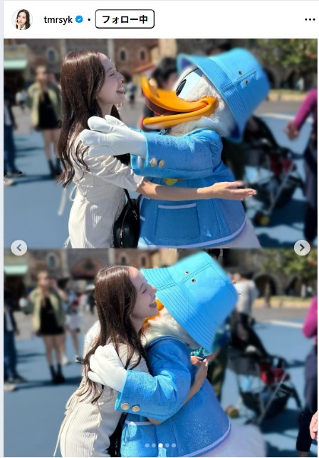 ディズニーキャラとハグする都丸紗也華（都丸紗也華のインスタグラムから）