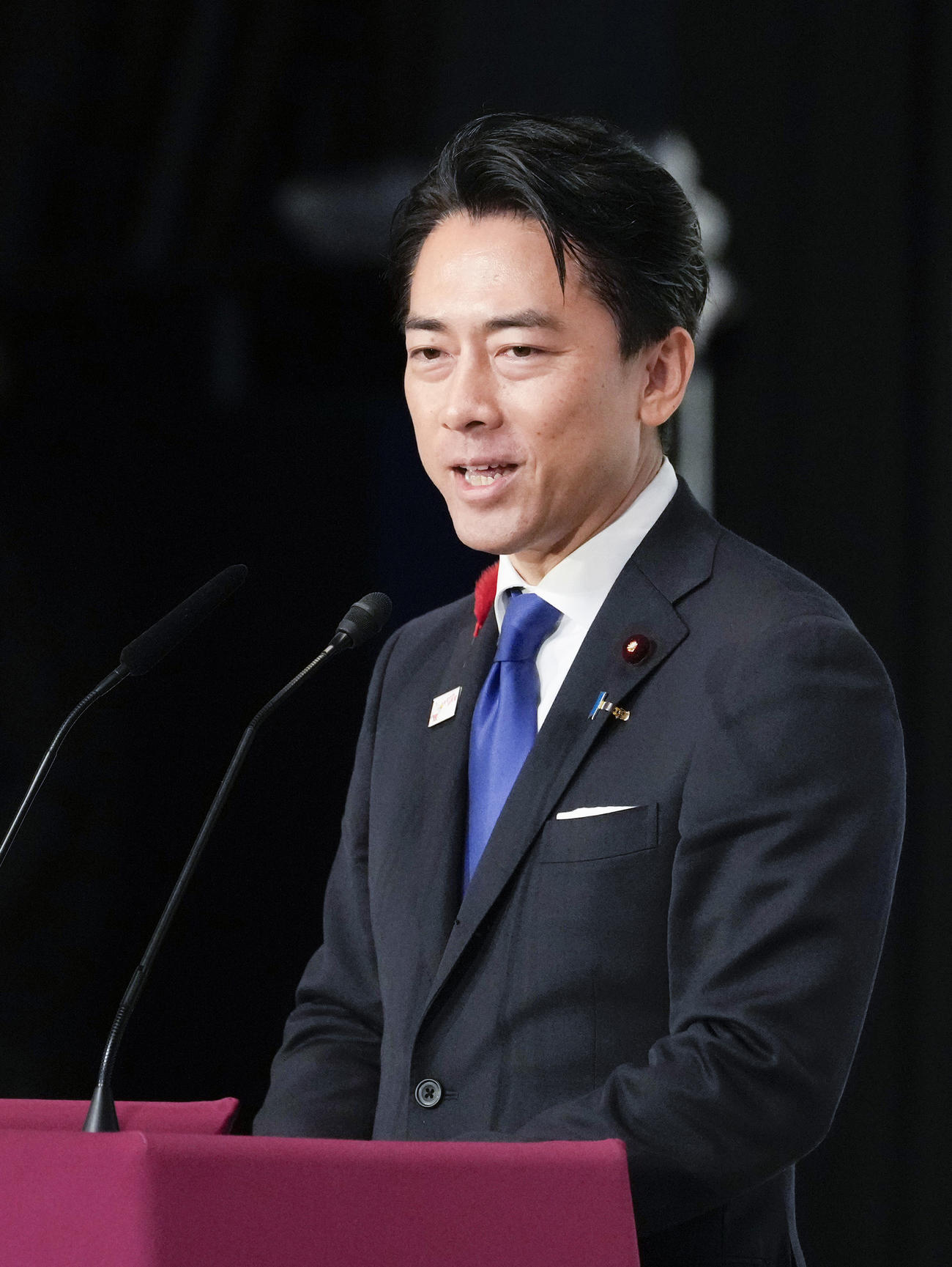 自民党総裁選の決選投票前に演説する小泉進次郎氏（共同）