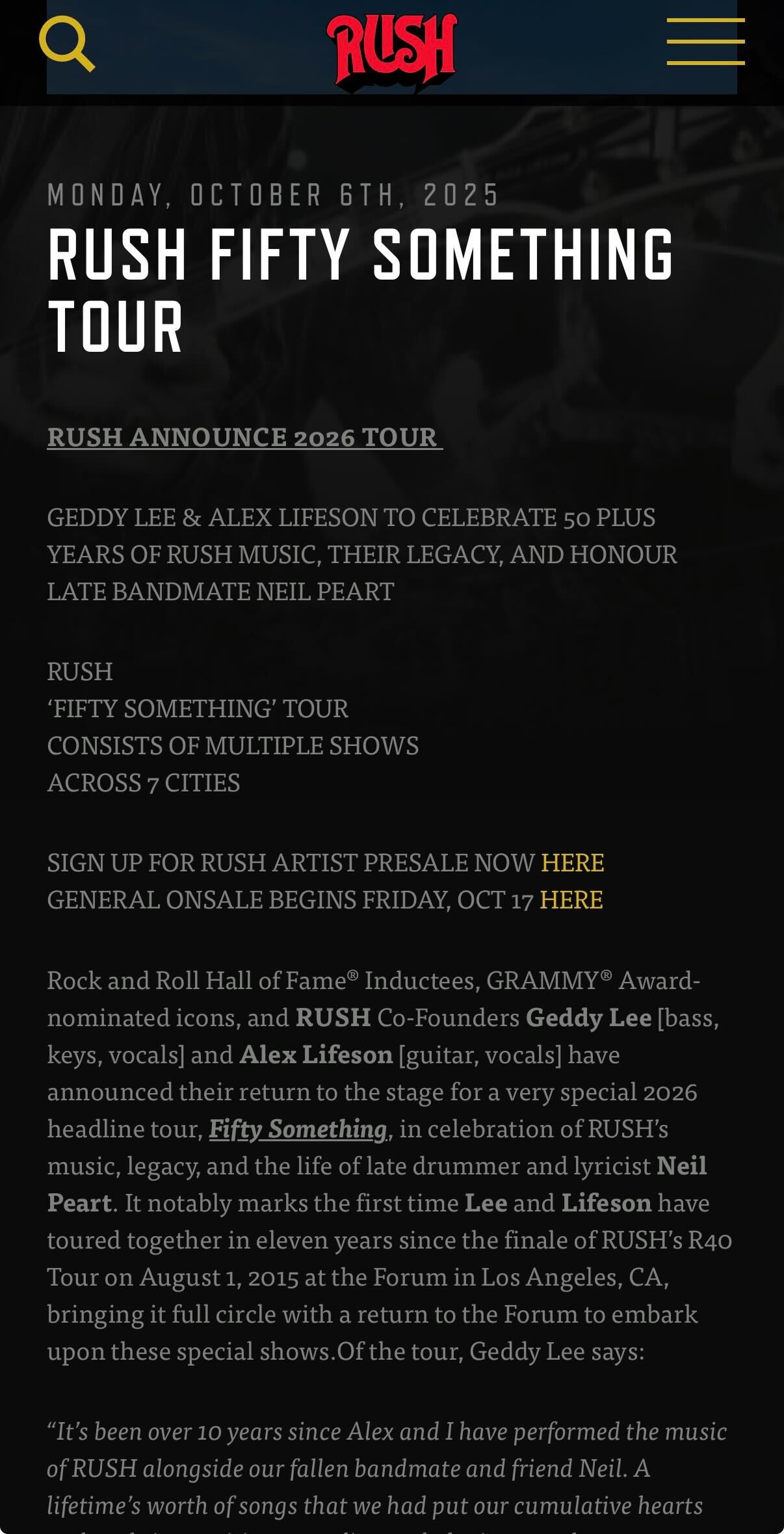 ツアー「Fifty Something」の開催を発表したRUSH（公式HPから）