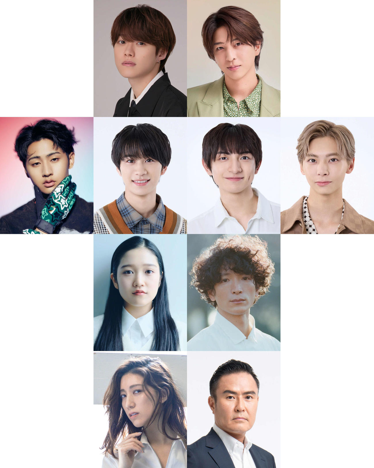 舞台「AmberS　－アンバース－」出演キャスト陣、1段目左から大橋和也、寺西拓人、2段目左から猪狩蒼弥、嶋﨑斗亜、川﨑皇輝、松尾龍、3段目左から山﨑玲奈、渡部豪太、4段目左から真風涼帆、市川右團次