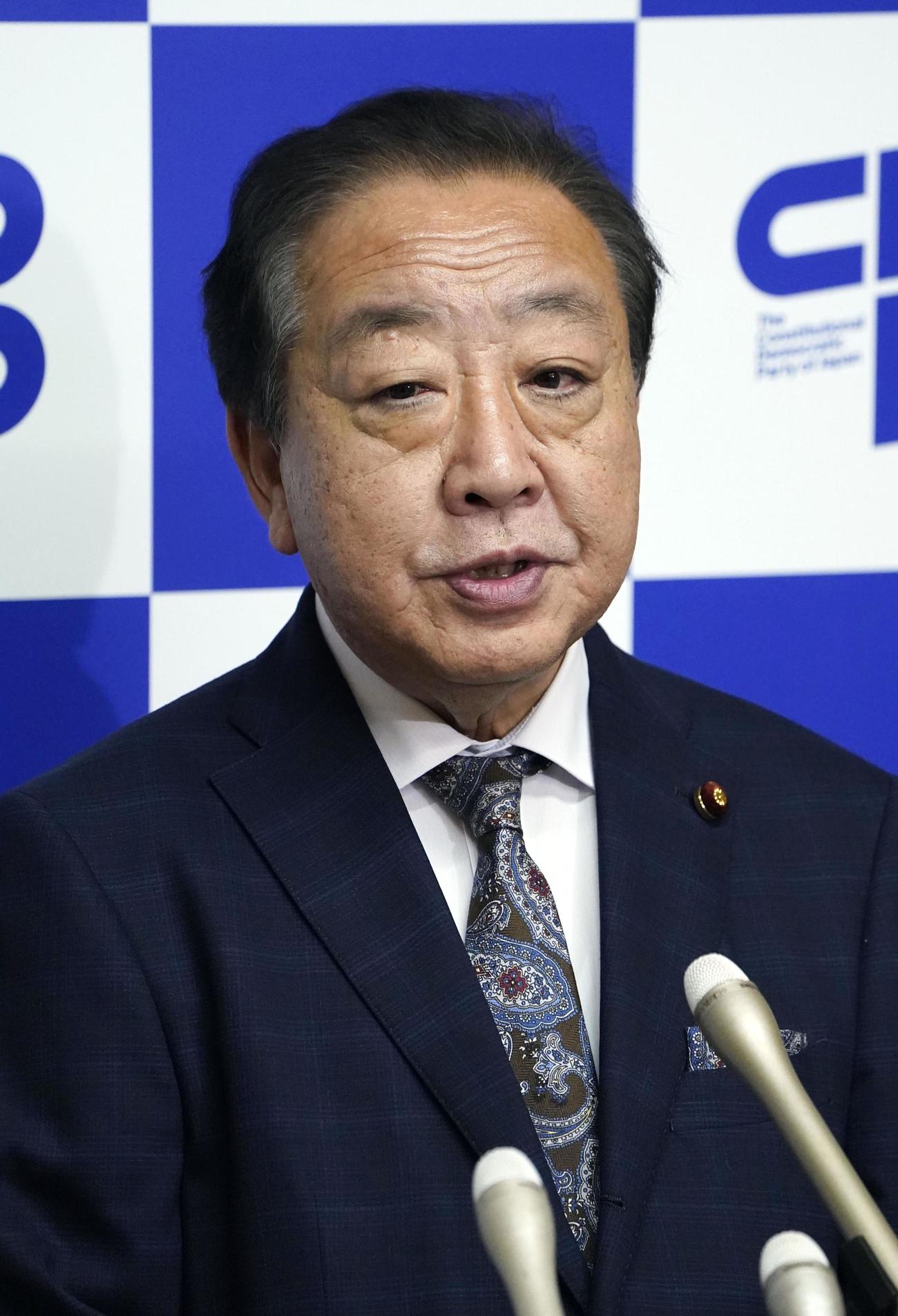 自民党の高市総裁との会談後、記者団の取材に応じる立憲民主党の野田代表（共同）