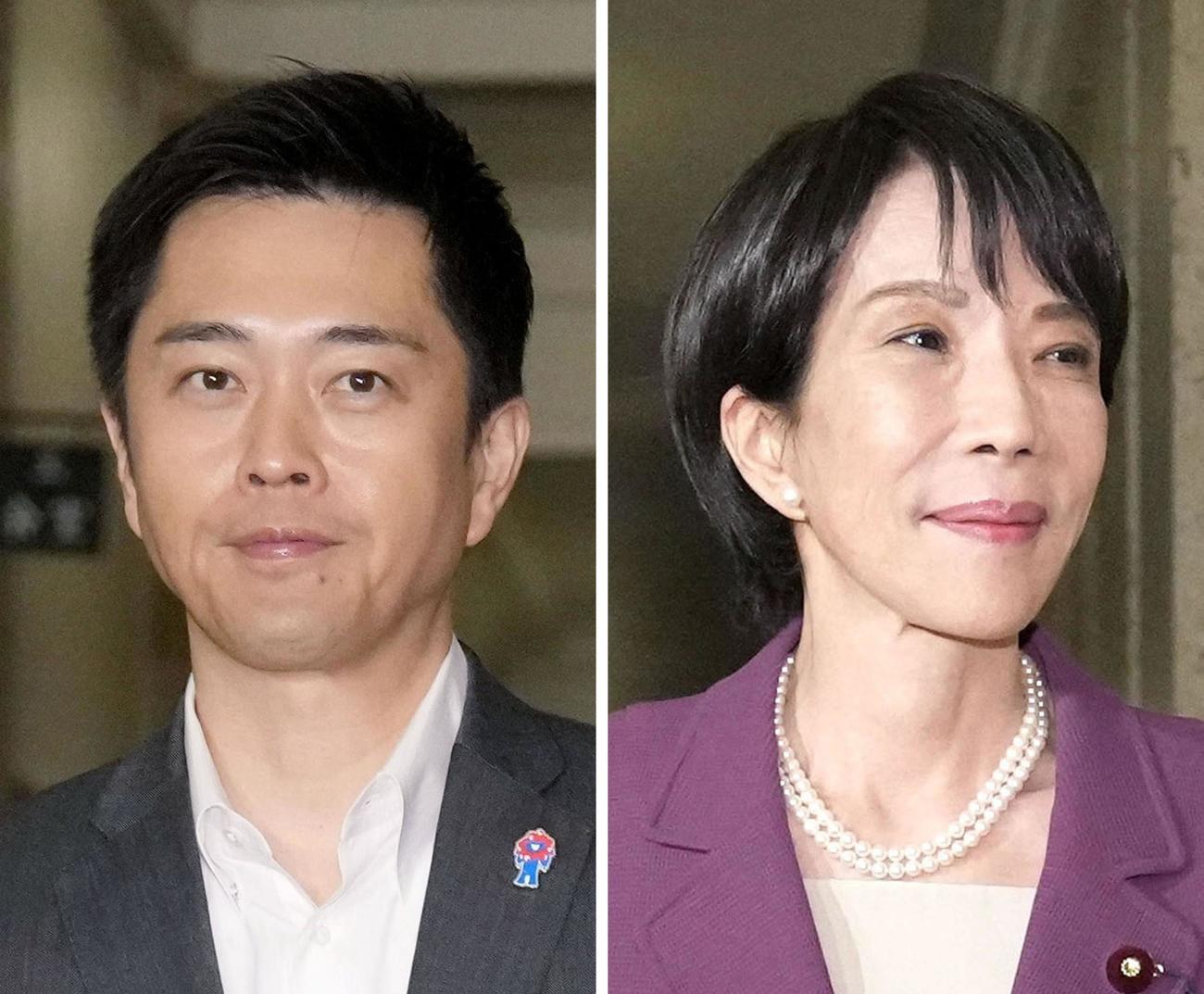 自民党の高市総裁（右）と日本維新の会の吉村代表。自民と維新は連立政権樹立で事実上合意した（共同）