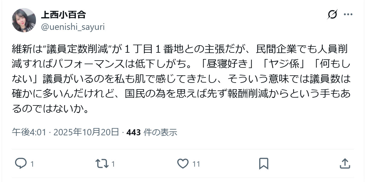 上西小百合のXから