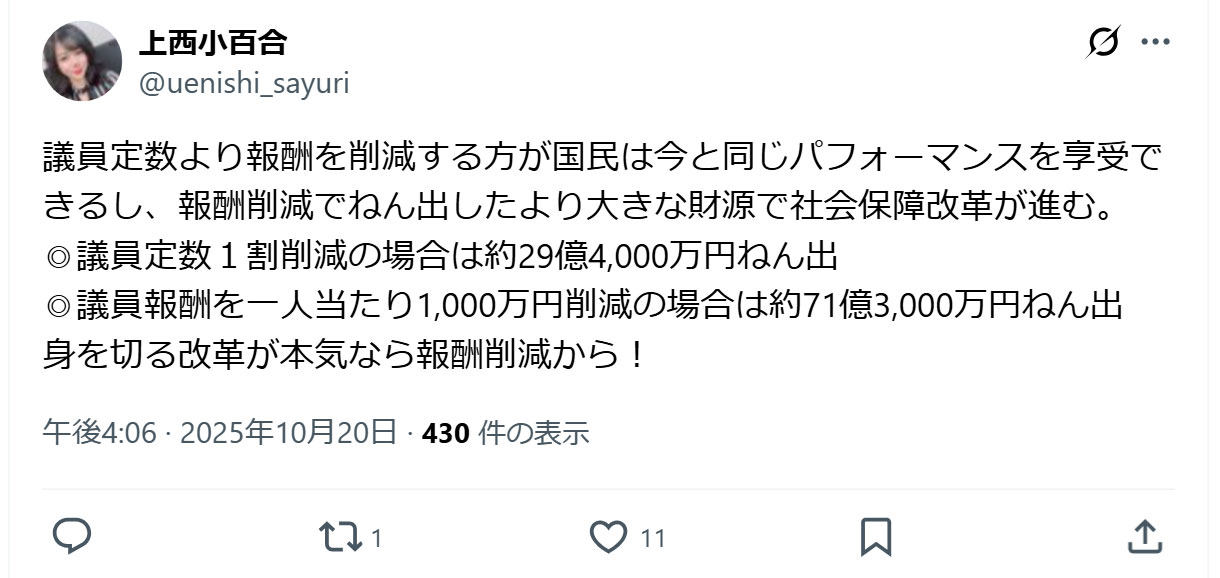 上西小百合のXから