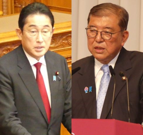 岸田文雄元首相と石破茂前首相（右）