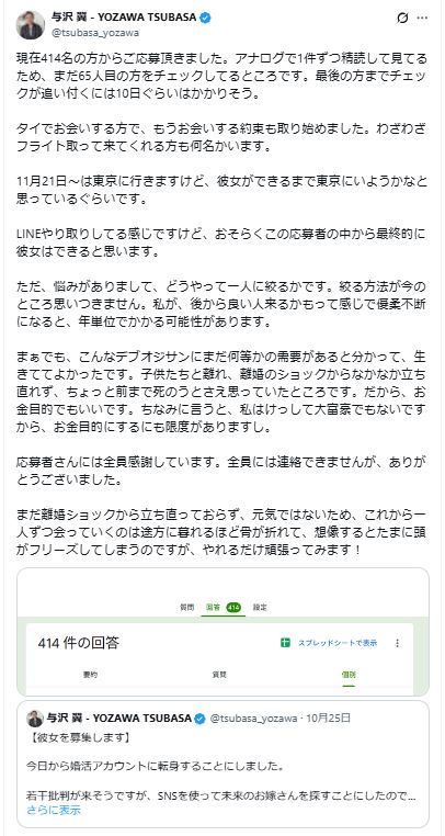 与沢翼氏のXから