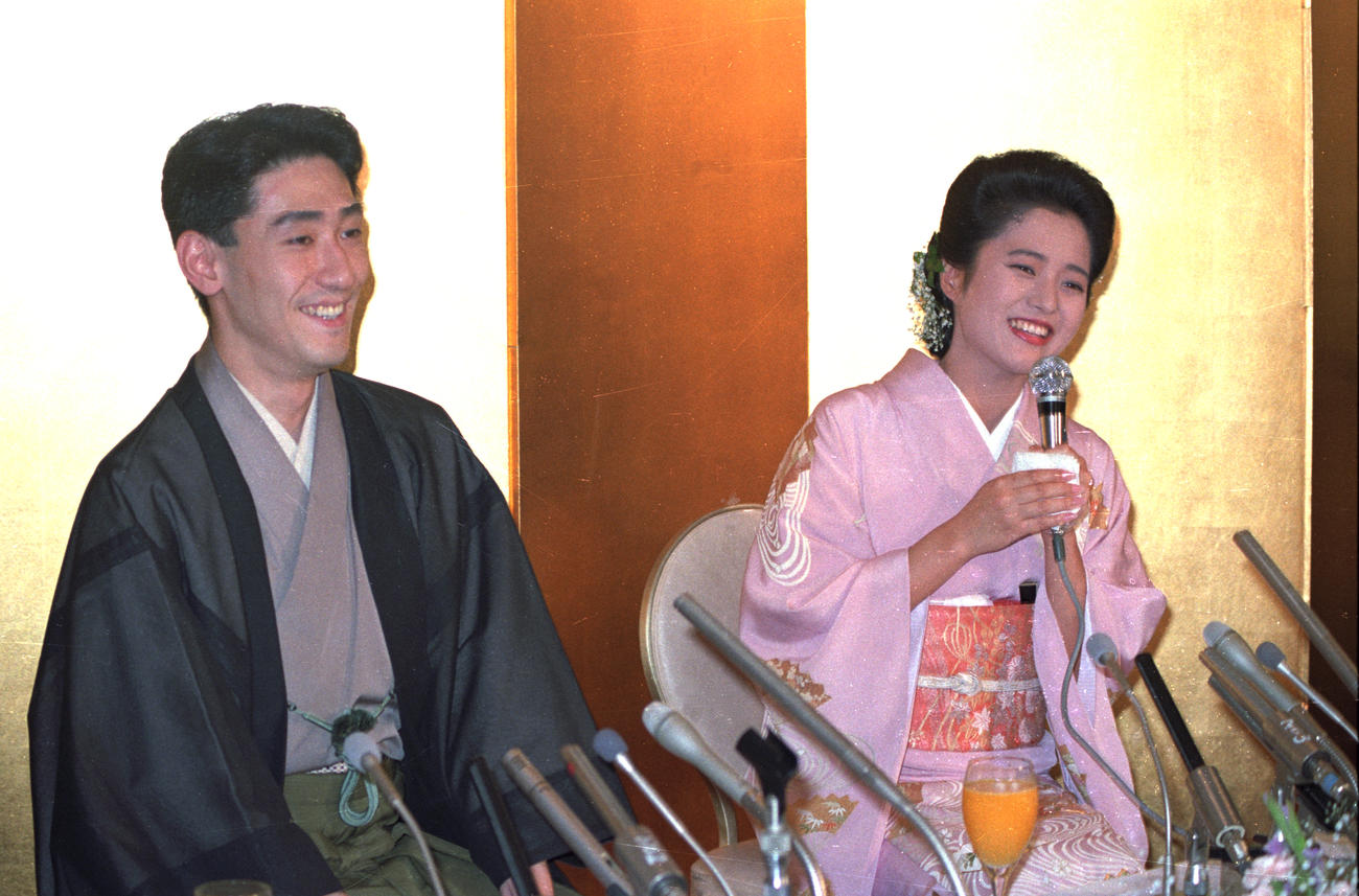 1991年6月12日　中村橋之助と三田寛子の婚約発表がで行われた