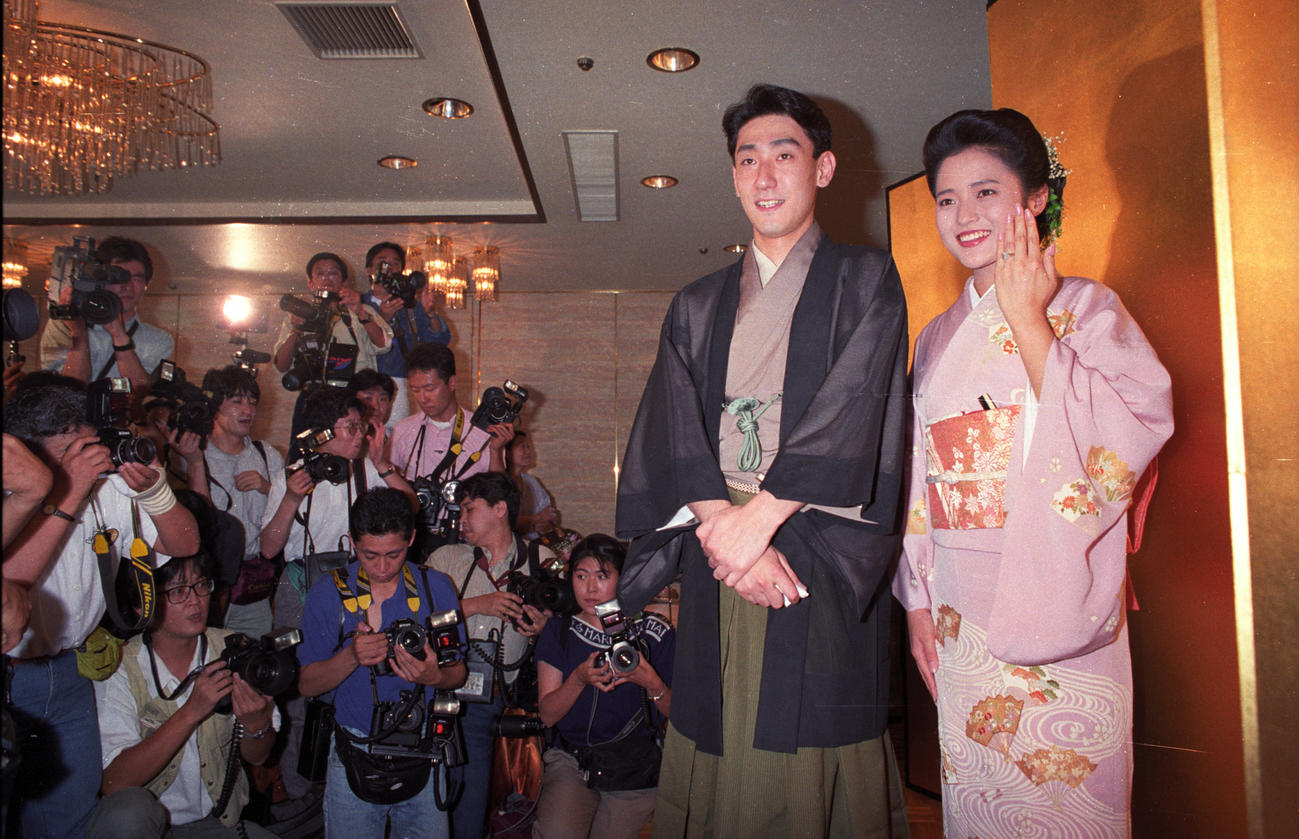 1991年6月12日　中村橋之助と三田寛子の婚約発表がで行われた