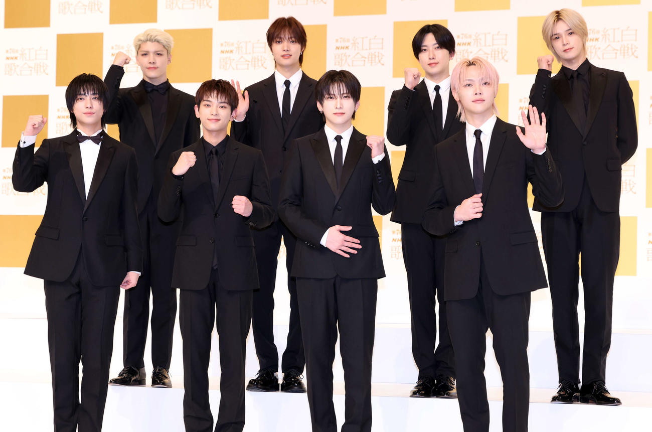 第76回NHK紅白歌合戦出場歌手発表会見に登場した＆TEAM（撮影・浅見桂子）