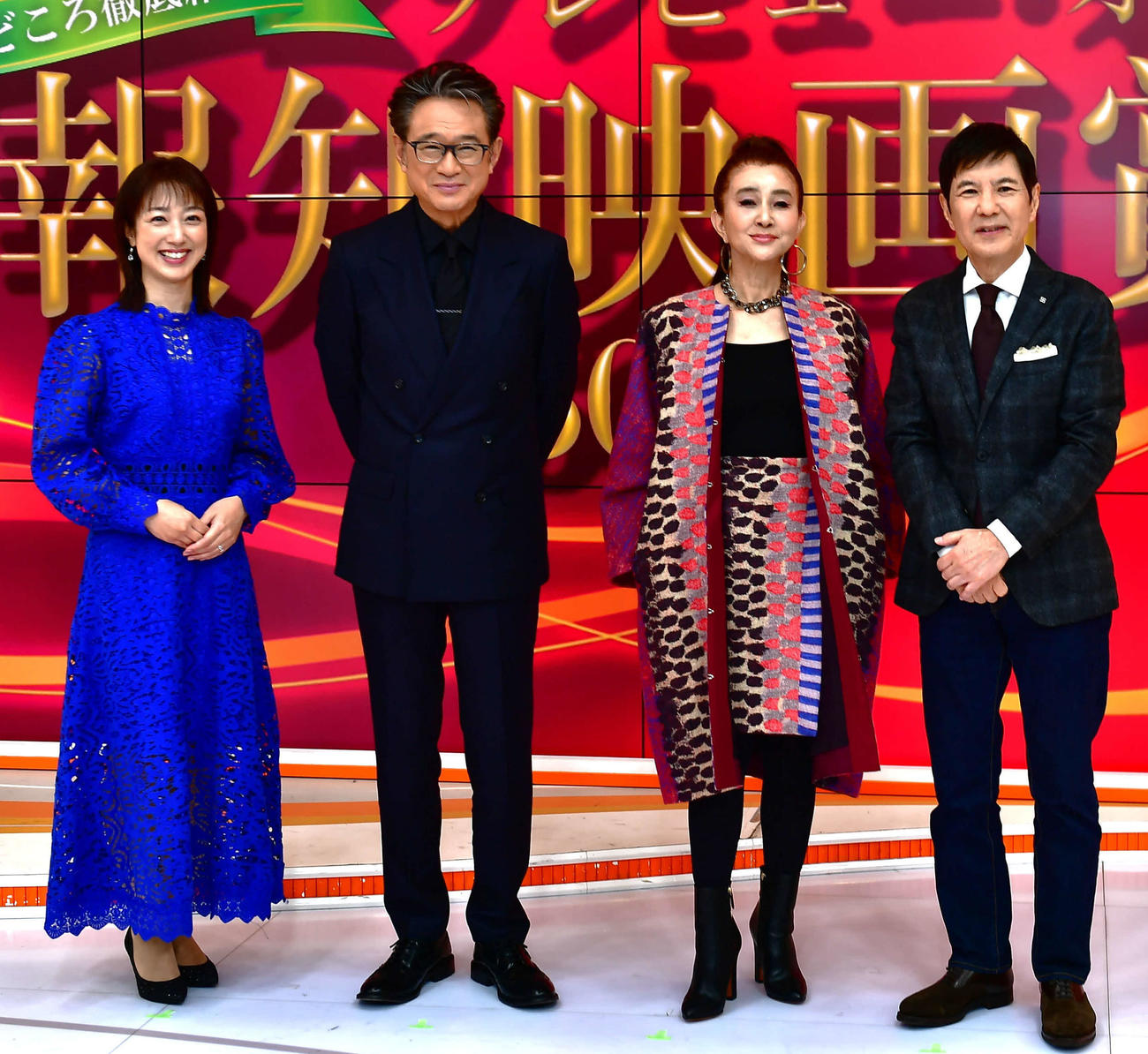 BS10などで放送する「第50回報知映画賞　直前特番『見どころ徹底紹介！プレビューオブ　報知映画賞』」の取材会に出席した、左から川田裕美、船越英一郎、秋吉久美子、関根勤（撮影・松尾幸之介）