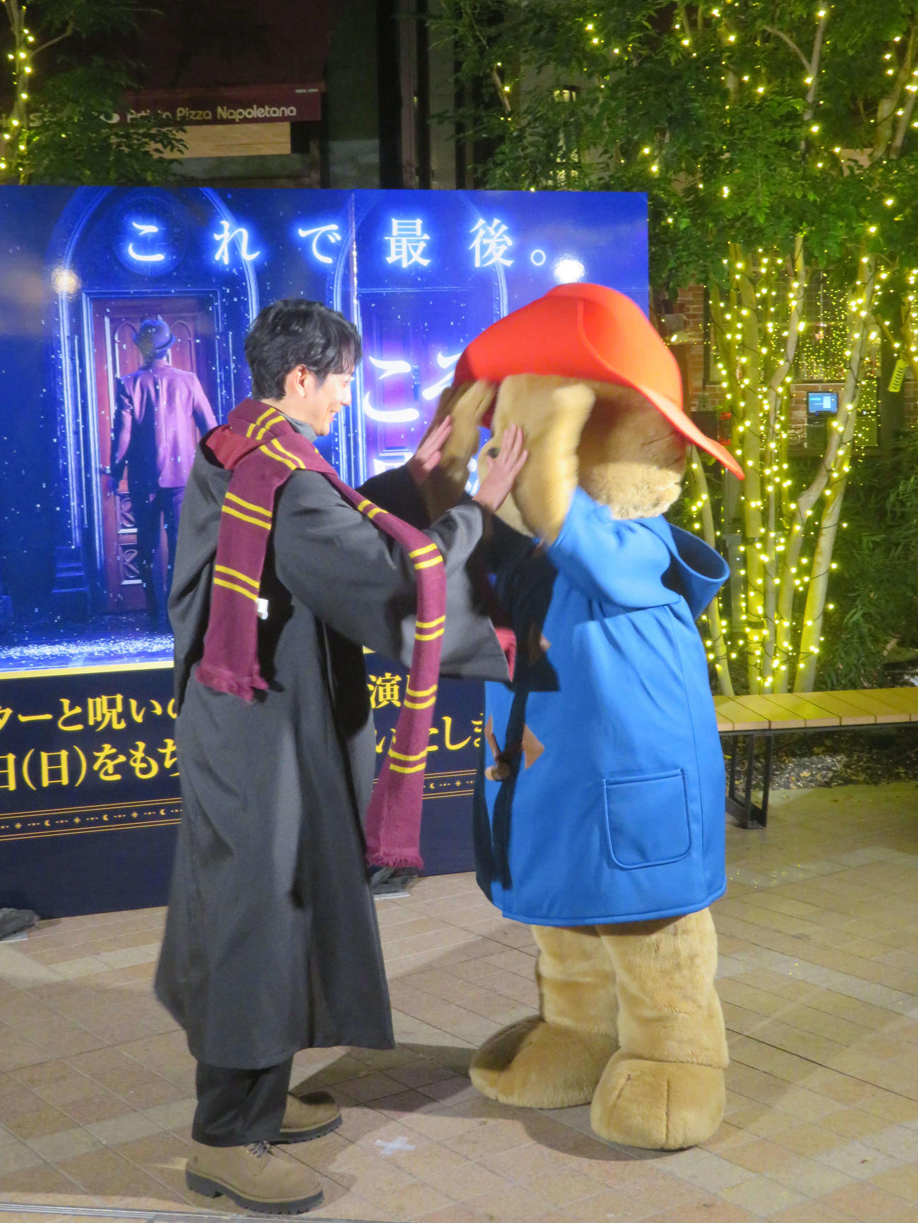 初対面のパディントンとハイタッチをする平岡祐太（左）（撮影・川田和博）