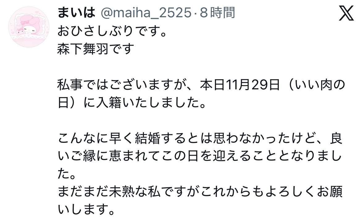 森下舞羽さんのXから