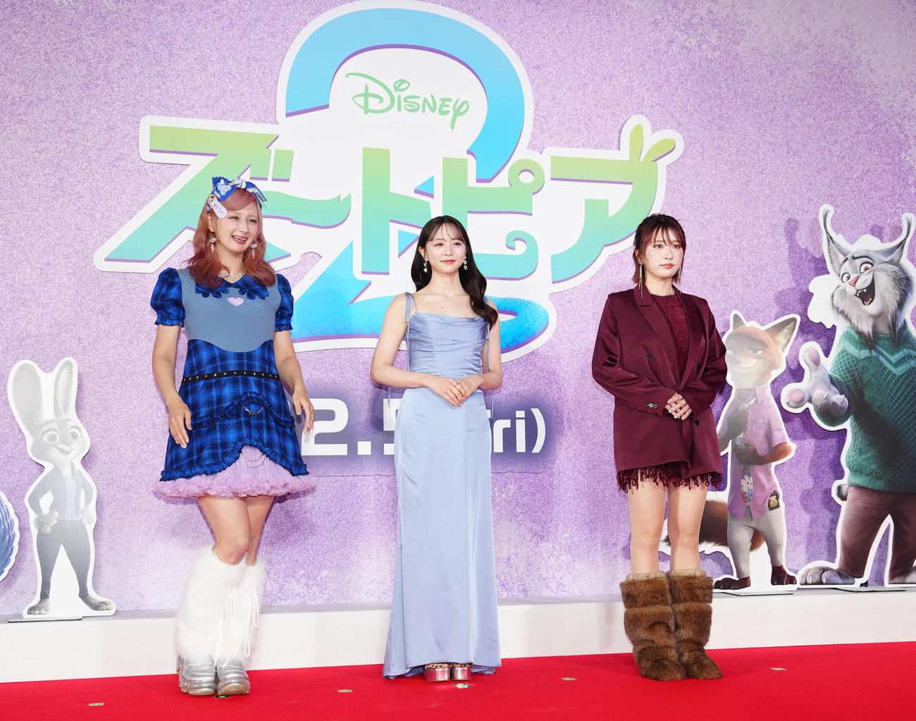 映画「ズートピア2」前夜祭イベントに臨む、左からしなこ、森香澄、平成フラミンゴのNICO（撮影・江口和貴）