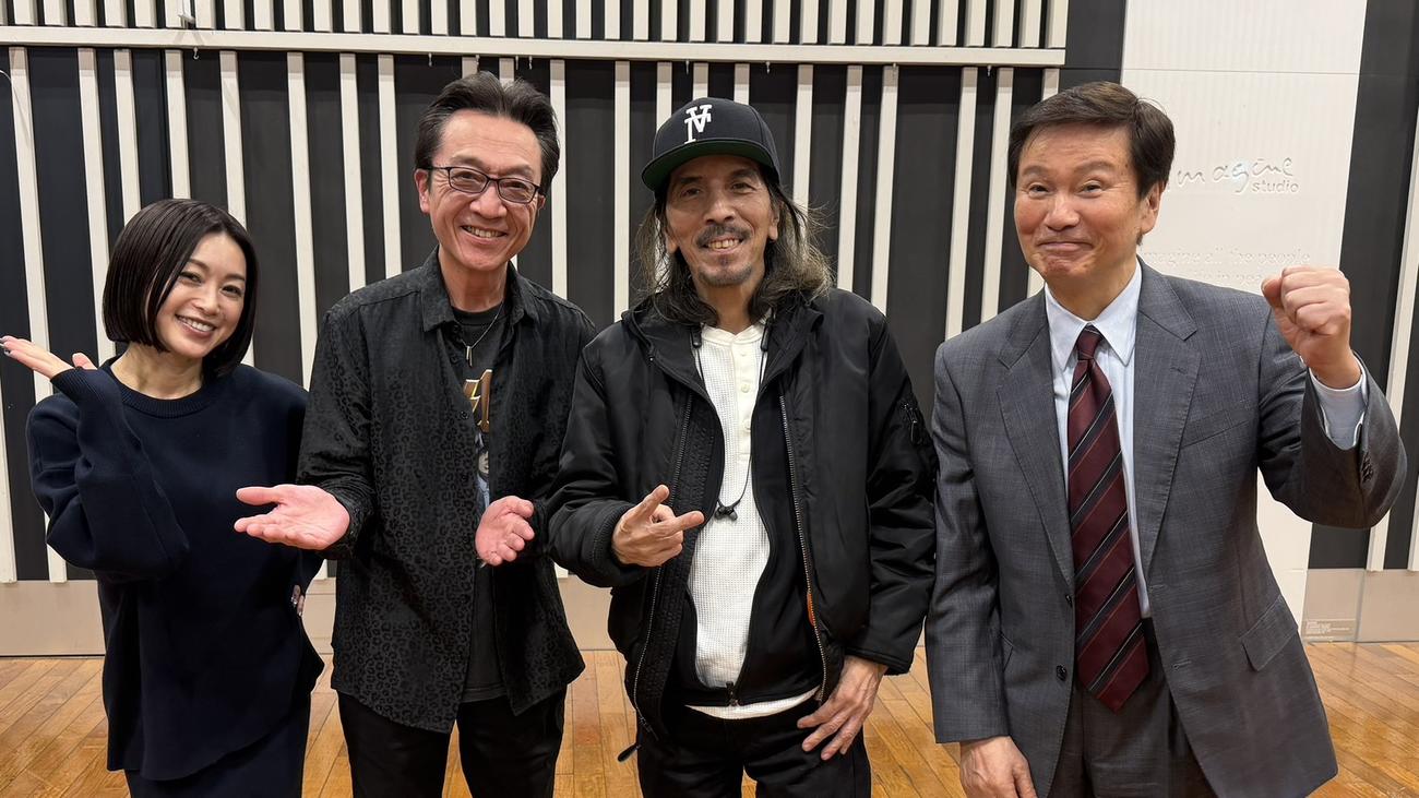 FM NACK5「森田健作　青春もぎたて朝一番！」の収録を行った、左から酒井法子、蓑輪単志、鮫島秀樹、森田健作