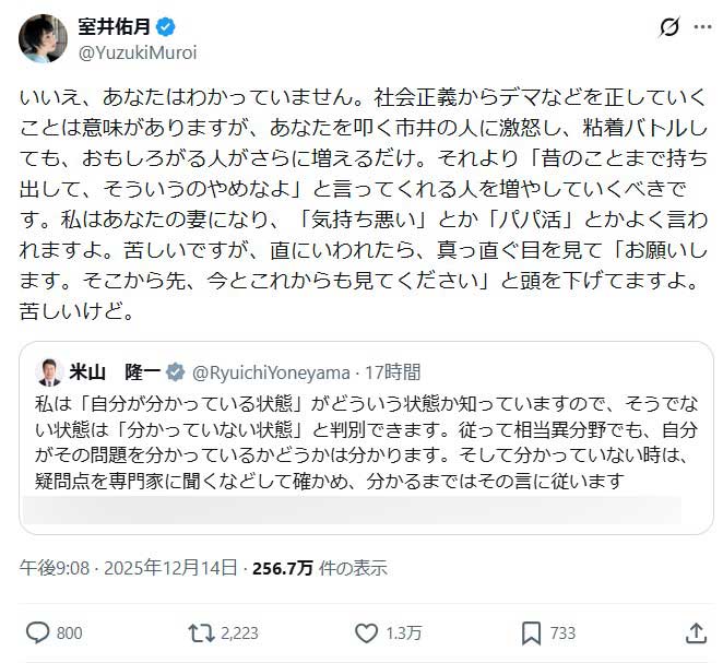 室井佑月氏のXから