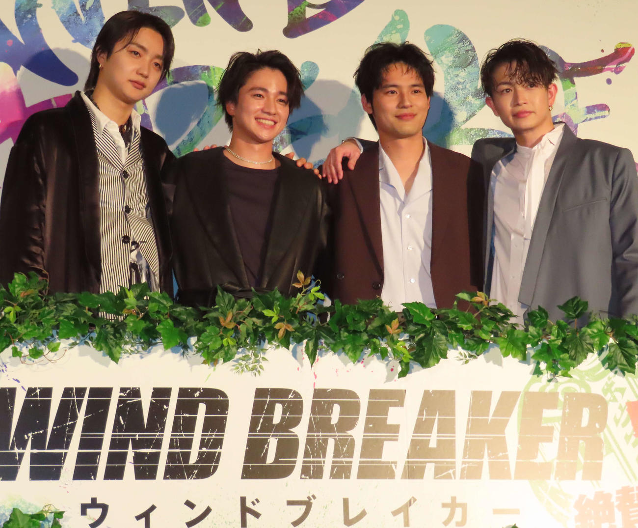 映画「WIND BREAKER／ウインドブレーカー」の公開御礼舞台あいさつに出席した、左からJUNON、木戸大聖、水上恒司（綱啓永