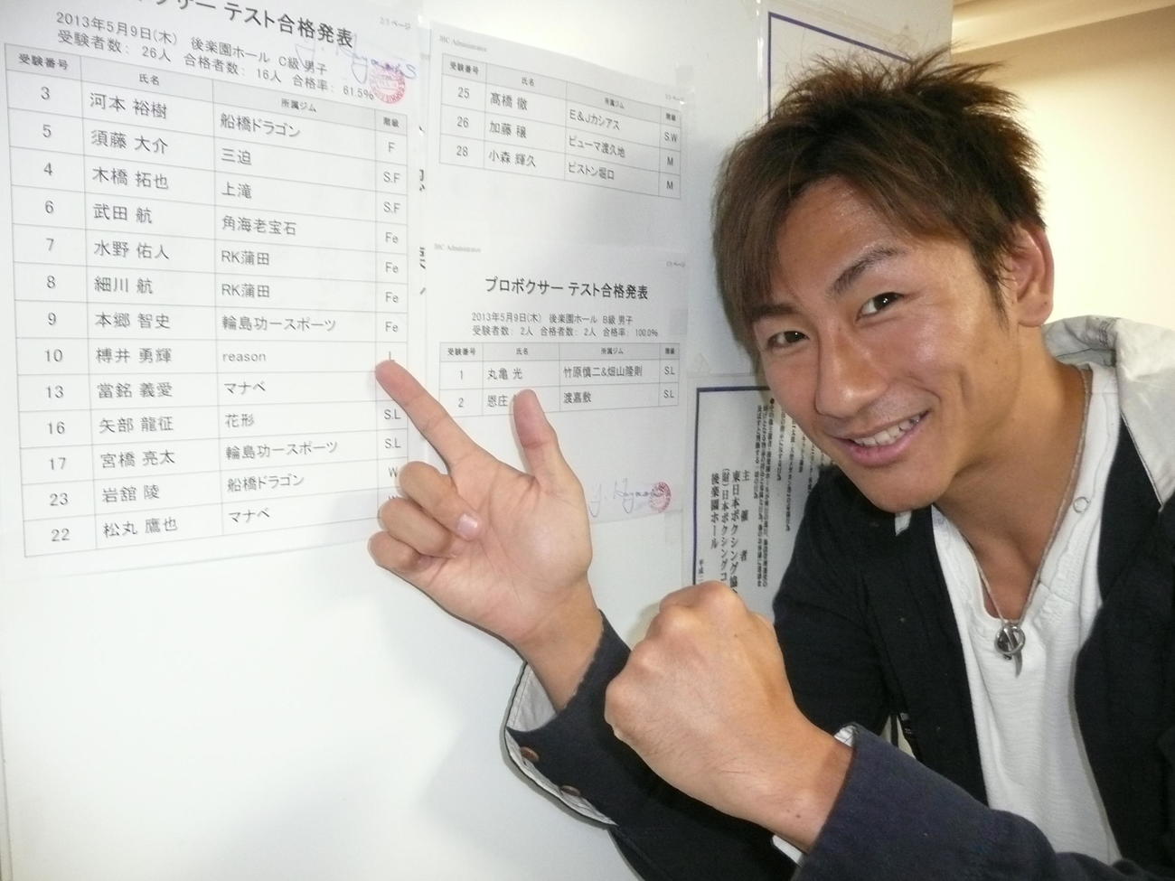2013年5月、プロテストの合格発表で本名・榑井勇輝の名前を見つけて喜ぶキマグレンのKUREI
