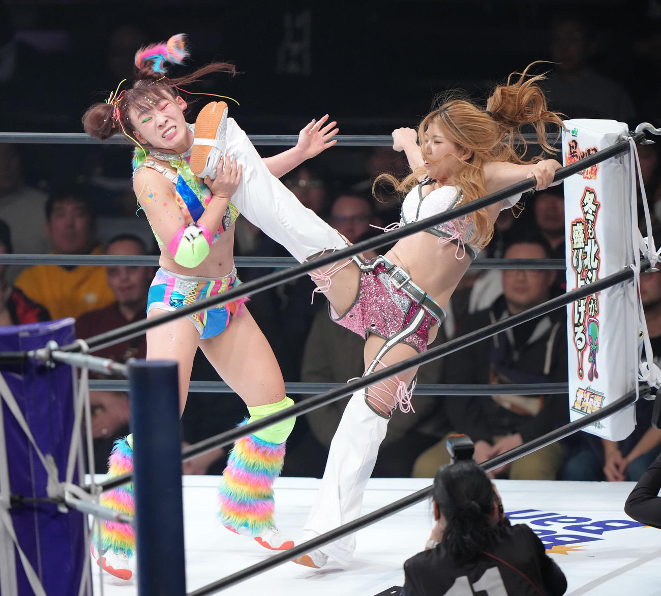 フワちゃん再デビュー戦　フワちゃん（左）は葉月の蹴りを食らう（2025年12月29日撮影）