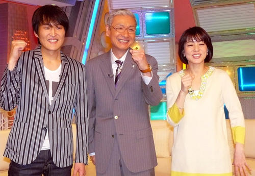 TBS「クメピポ！」制作発表会見　新番組で意気込む、左から千原ジュニア、久米宏さん、八木亜希子（09年4月撮影）