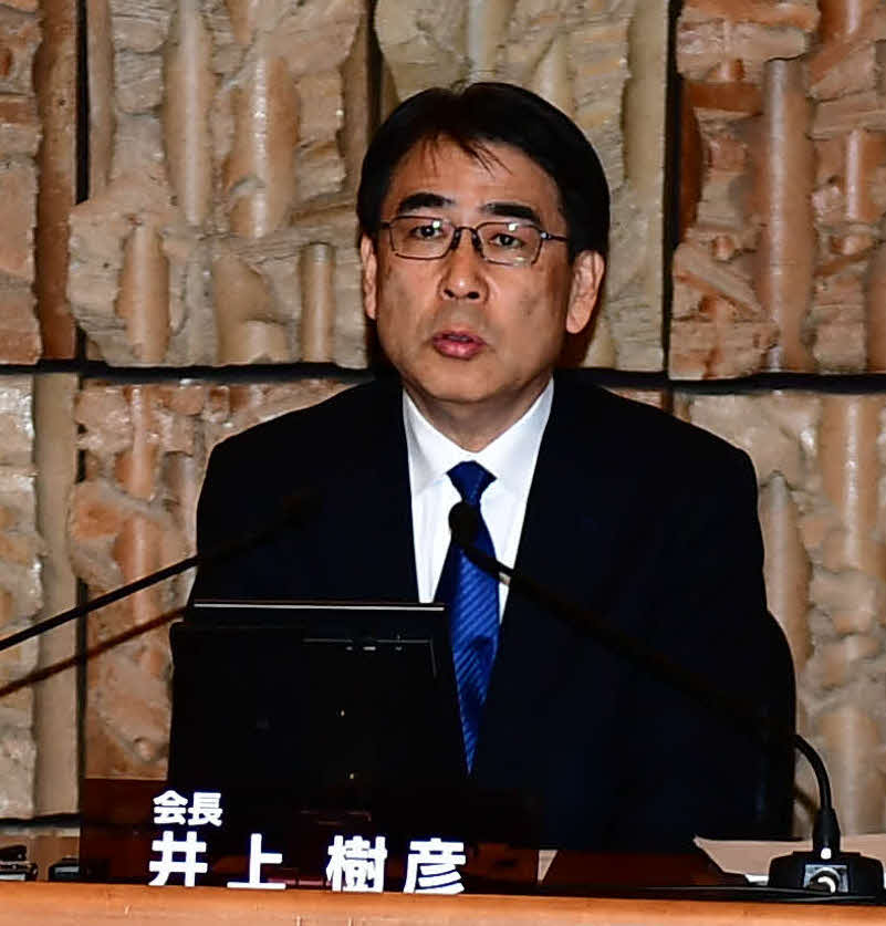 就任会見に臨んだNHKの井上樹彦新会長（撮影・松尾幸之介）