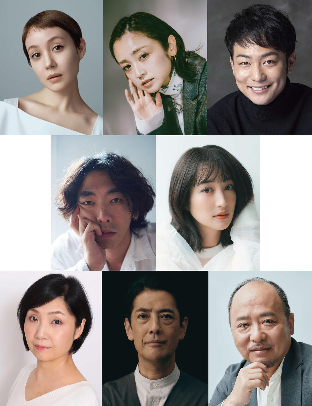舞台「シャープさんフラットさん」に出演する、上段左からトリンドル玲奈、安達祐実、田中俊介、中段左から柄本時生、高梨臨、下段左から松永玲子、堀部圭亮、マキタスポーツ