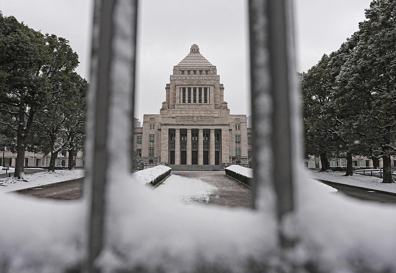 うっすらと雪が積もった国会議事堂前（共同）
