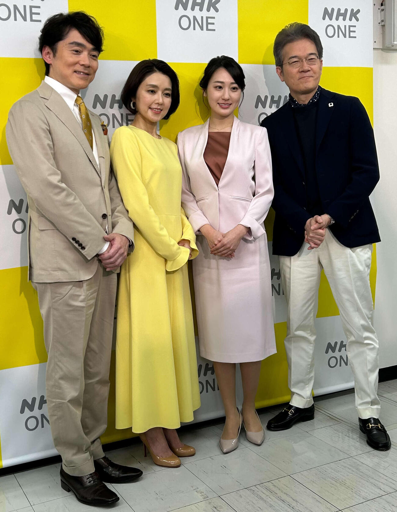 左から「NHKのど自慢」を担当する高瀬耕造アナ、塚原愛アナ、「新プロジェクトX～挑戦者たち～」を担当する大谷舞風アナ、有馬嘉男キャスター（撮影・松尾幸之介）
