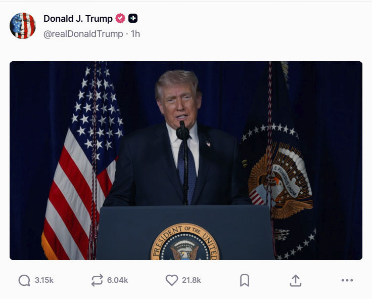 トランプ米大統領が投稿した対イラン軍事作戦に関する動画声明（SNSトゥルース・ソーシャルから、共同）