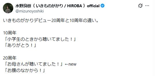 いきものがかり水野良樹のXから