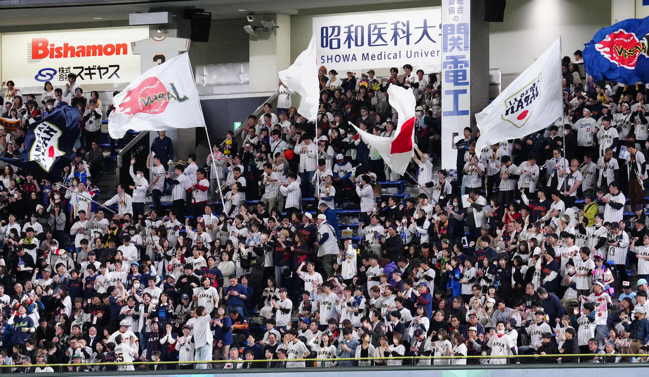 日本対チェコ　試合前、日本の応援を行う観客（撮影・江口和貴）