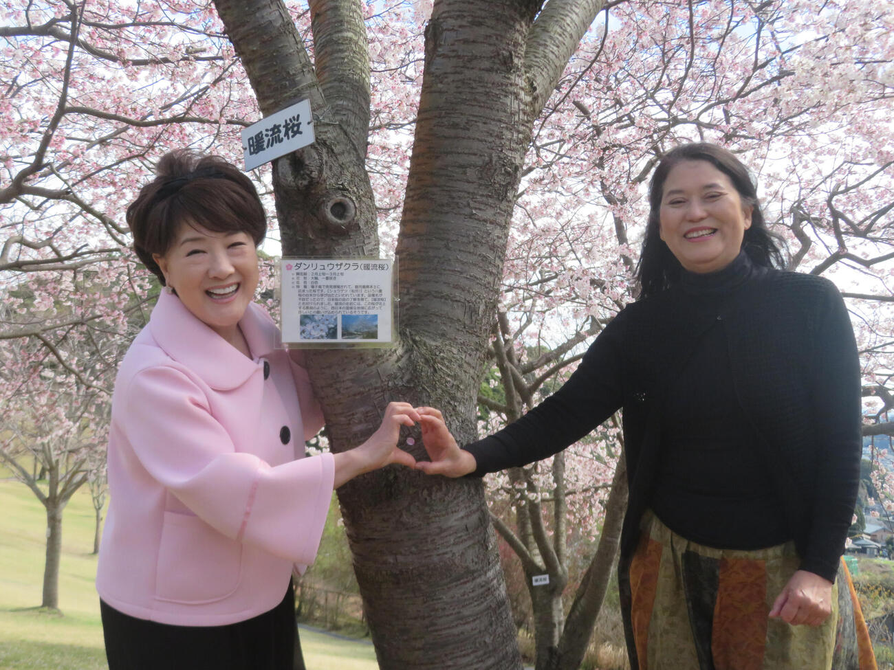 新曲「暖流桜」の作詞家京えりこ氏（右）とハートマークを作る川中美幸（撮影・川田和博）