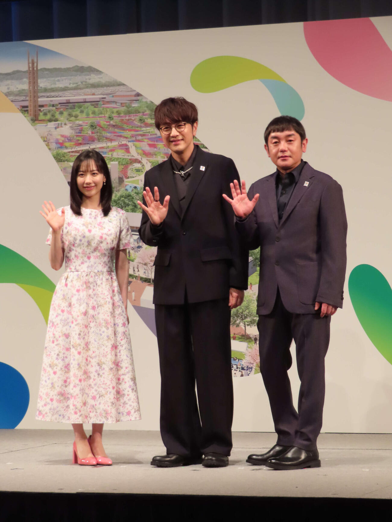 GREEN×EXPO2027開催1年前記者発表会に登壇した、左から芦田愛菜、北川悠仁、岩沢厚治