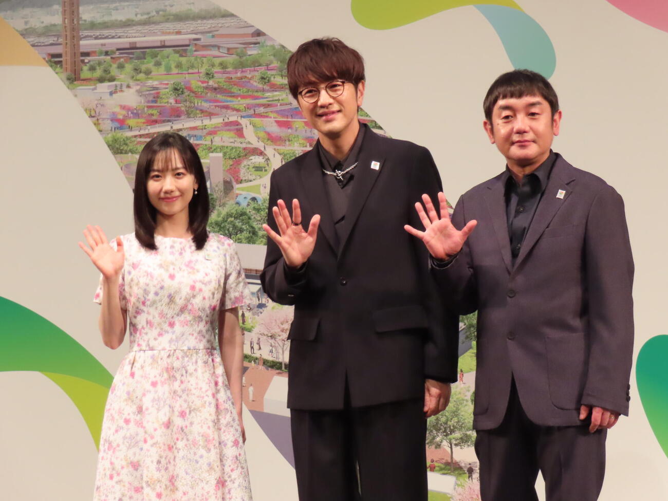 GREEN×EXPO2027開催1年前記者発表会に登壇した、左から芦田愛菜、北川悠仁、岩沢厚治