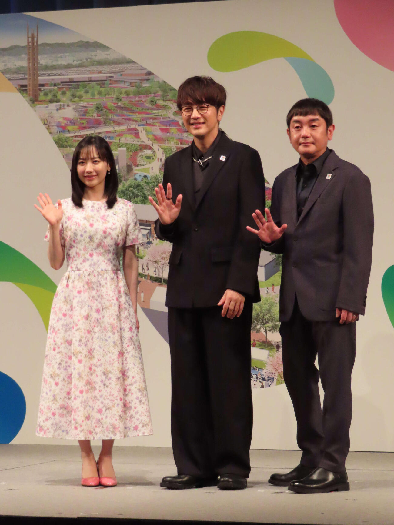 GREEN×EXPO2027開催1年前記者発表会に登壇した、左から芦田愛菜、北川悠仁、岩沢厚治