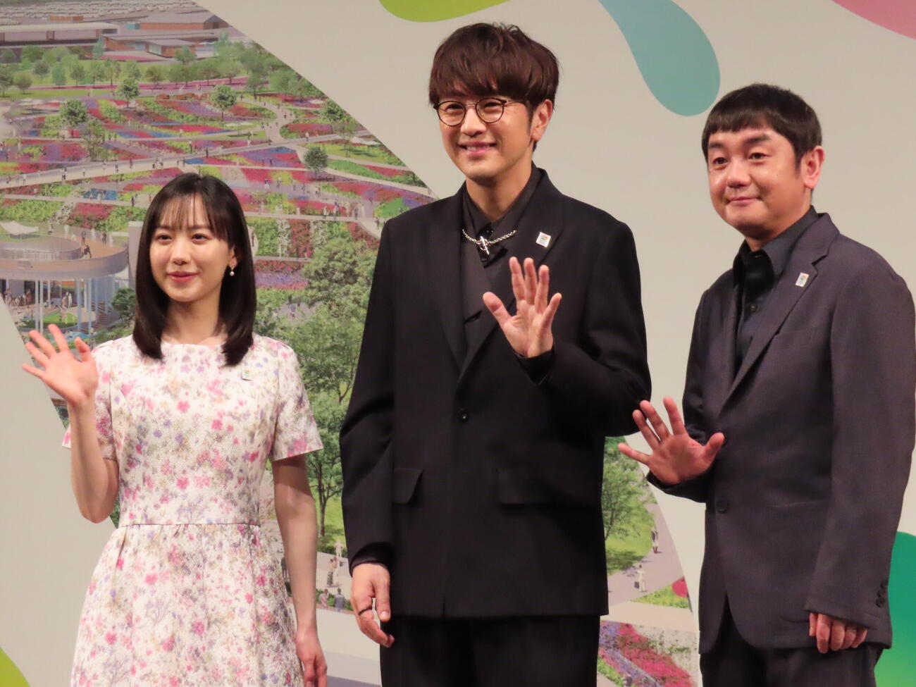 GREEN×EXPO2027開催1年前記者発表会に登壇した、左から芦田愛菜、北川悠仁、岩沢厚治