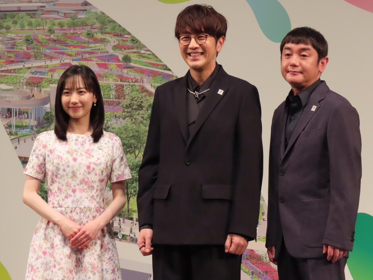 GREEN×EXPO2027開催1年前記者発表会に登壇した、左から芦田愛菜、北川悠仁、岩沢厚治
