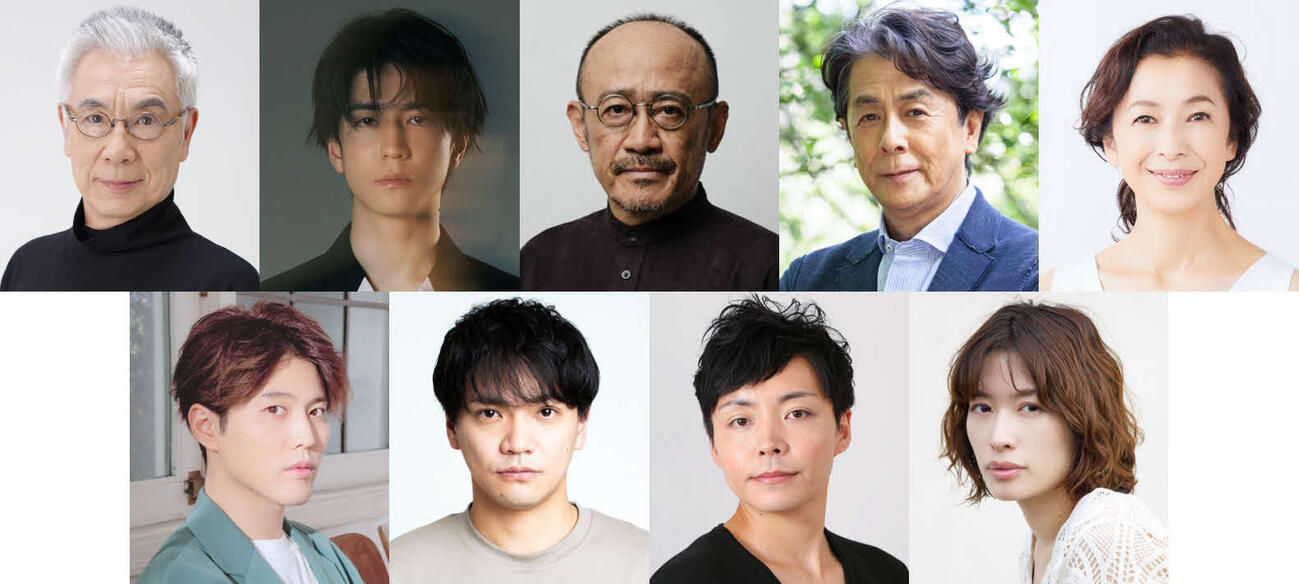 舞台「セールスマンの死」出演者。上段左からイッセー尾形、中島裕翔、佐藤誓、長谷川初範、高橋惠子、下段左から入野自由、堅山隼太、内藤栄一、松田佳央理