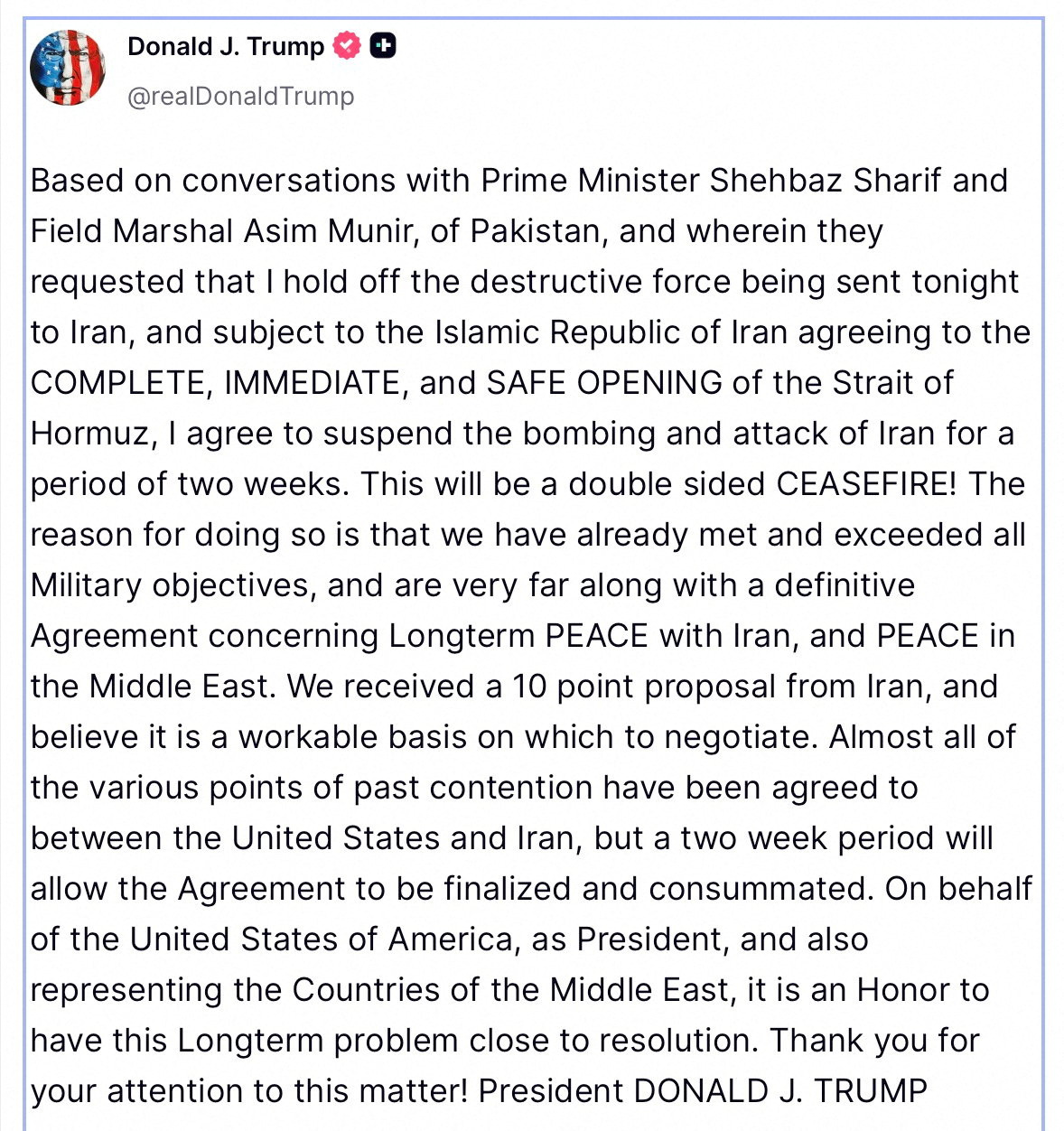 2026年4月7日、トランプ米大統領が「イランへの爆撃と攻撃を2週間停止することに同意した」と「トゥルース・ソーシャル」へ投稿（ロイター）