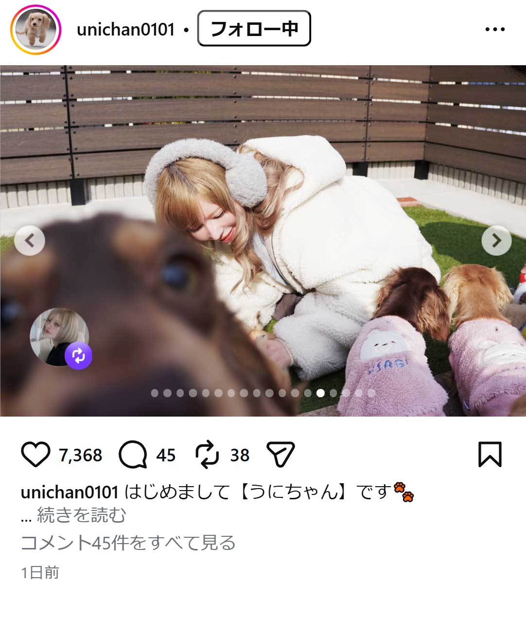 うにちゃんのインスタグラムから